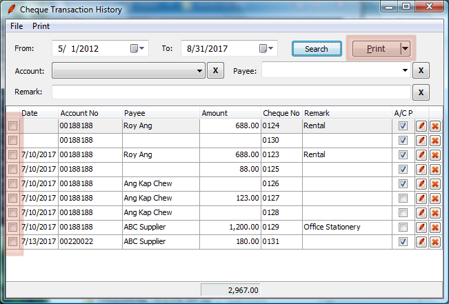Search, edit and print cheque transaction history