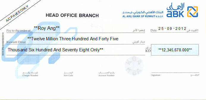 Printed Cheque of Al Ahli Bank of Kuwait (Personal) Printed Cheque of Al Ahli Bank of Kuwait (Personal)