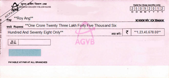 Printed Cheque of AGVB - Assam Gramin Vikash Bank in India Printed Cheque of AGVB - Assam Gramin Vikash Bank in India