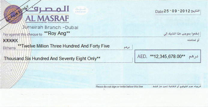 Printed Cheque of Al Masraf Bank in UAE Printed Cheque of Al Masraf Bank in UAE