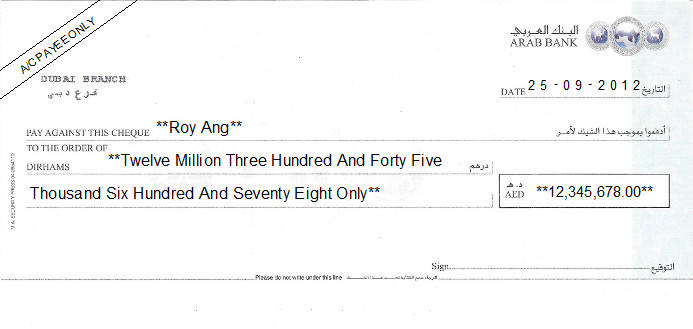 Printed Cheque of Arab Bank in UAE Printed Cheque of Arab Bank in UAE