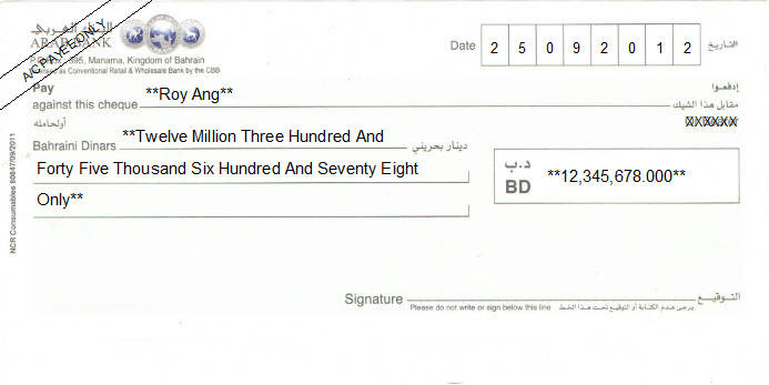 Printed Cheque of Arab Bank in Bahrain Printed Cheque of Arab Bank in Bahrain