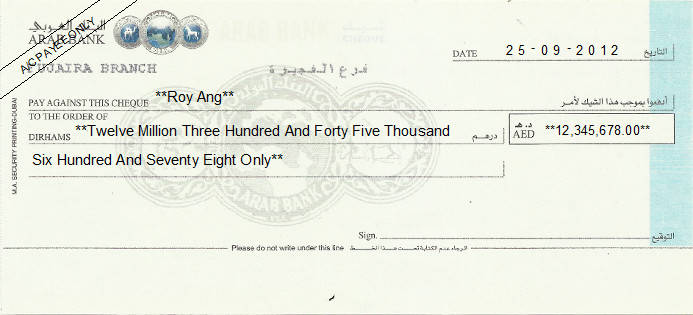 Printed Cheque of Arab Bank (Personal) in UAE Printed Cheque of Arab Bank (Personal) in UAE
