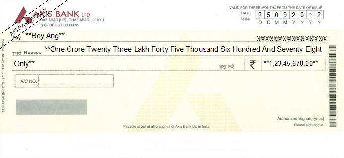 Printed Cheque of Axis Bank India Printed Cheque of Axis Bank India