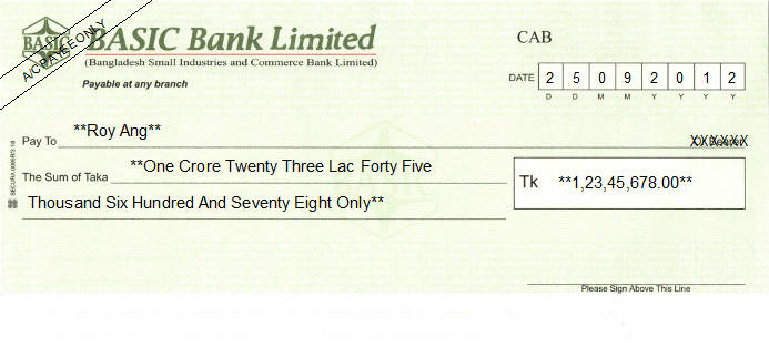 Printed Cheque of BASIC Bank - Bangladesh Small Industries and Commerce Bank in Bangladesh Printed Cheque of BASIC Bank - Bangladesh Small Industries and Commerce Bank in Bangladesh