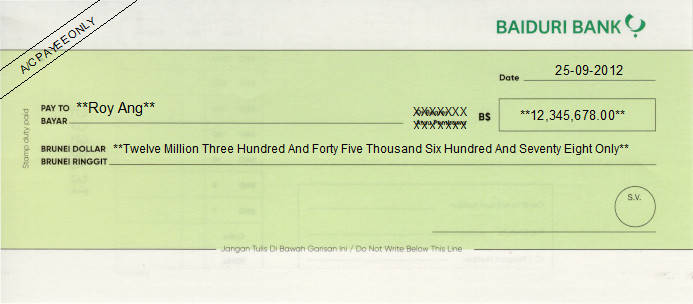 Printed Cheque of Baiduri Bank in Brunei Printed Cheque of Baiduri Bank in Brunei