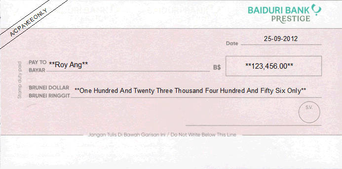 Printed Cheque of Baiduri Bank (Prestige) in Brunei Printed Cheque of Baiduri Bank (Prestige) in Brunei