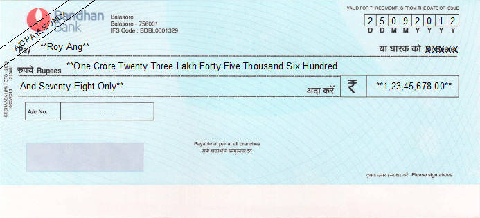 Printed Cheque of Bandhan Bank in India Printed Cheque of Bandhan Bank in India