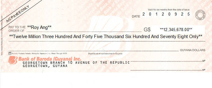 Printed Cheque of Bank of Baroda in Guyana Printed Cheque of Bank of Baroda in Guyana