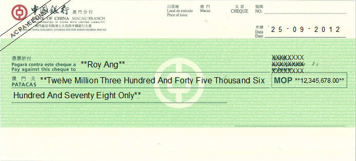 Printed Cheque of Bank of China in Macau Printed Cheque of Bank of China in Macau