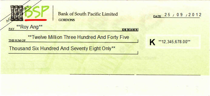 Printed Cheque of Bank of South Pacific Limited (BSP) in Papua New Guinea Printed Cheque of Bank of South Pacific Limited (BSP) in Papua New Guinea