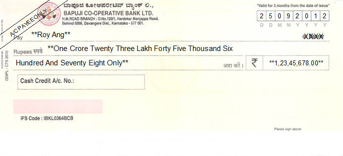 Printed Cheque of Bapuji Co-operative Bank in India Printed Cheque of Bapuji Co-operative Bank in India