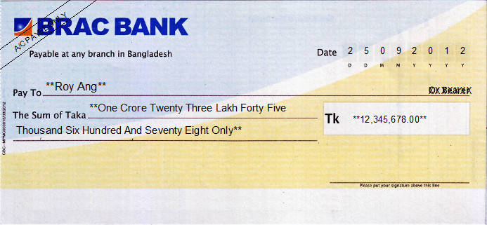 Printed Cheque of Brac Bank in Bangladesh Printed Cheque of Brac Bank in Bangladesh