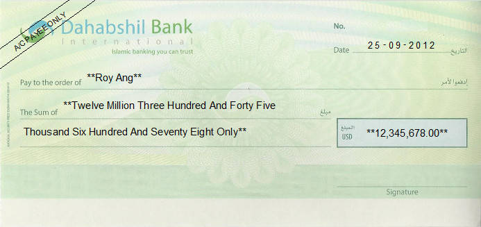 Printed Cheque of Dahabshil Bank International in Somalia Printed Cheque of Dahabshil Bank International in Somalia