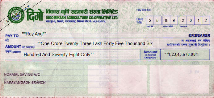 Printed Cheque of Digo Bikash Agriculture Co-operative in Nepal