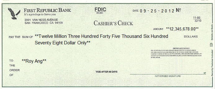 Printed Check of First Republic Bank in United States Printed Check of First Republic Bank in United States