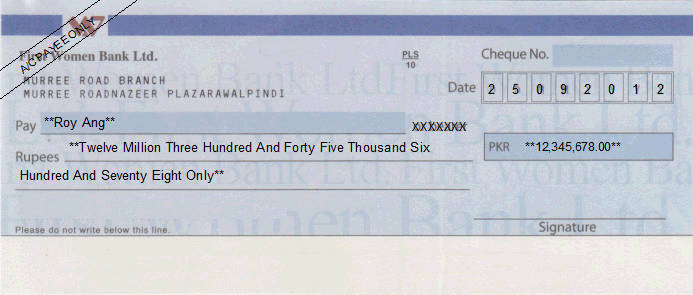 Printed Cheque of First Women Bank in Pakistan Printed Cheque of First Women Bank in Pakistan