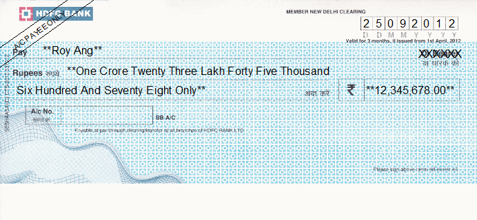 Printed Cheque of HDFC Bank India Printed Cheque of HDFC Bank India