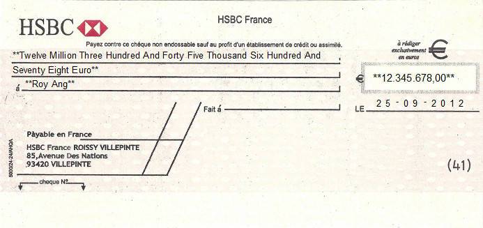 Printed Cheque of HSBC Bank in France Printed Cheque of HSBC Bank in France