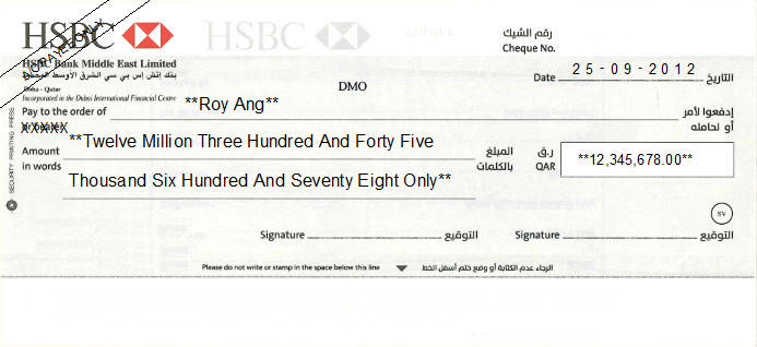 Printed Cheque of HSBC Bank Middle East Limited Qatar Printed Cheque of HSBC Bank Middle East Limited Qatar