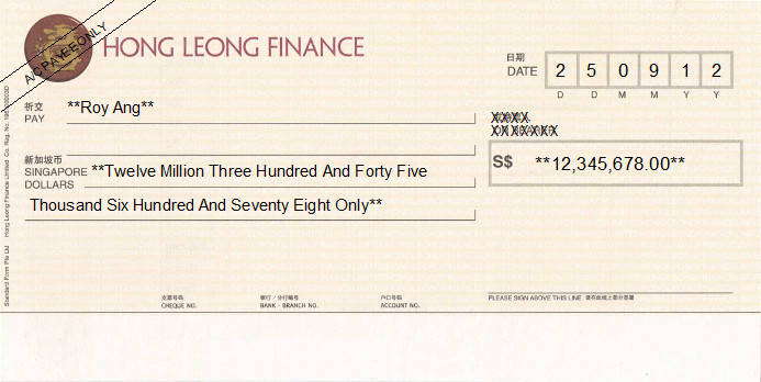 Printed Cheque of Hong Leong Finance in Singapore Printed Cheque of Hong Leong Finance in Singapore