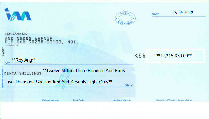 Printed Cheque of I&M Bank in Kenya Printed Cheque of I&M Bank in Kenya