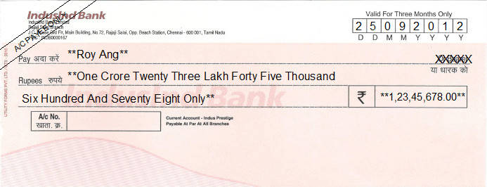 Printed Cheque of IndusInd Bank (Indus Prestige) India Printed Cheque of IndusInd Bank (Indus Prestige) India