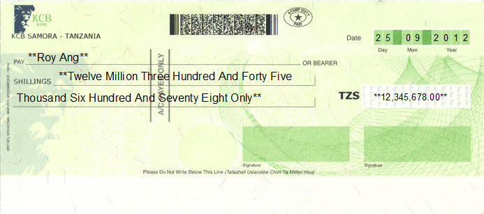 Printed Cheque of KCB Bank in Tanzania Printed Cheque of KCB Bank in Tanzania