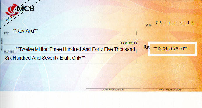 Printed Cheque of Mauritius Commercial Bank (MCB) in Mauritius Printed Cheque of Mauritius Commercial Bank (MCB) in Mauritius
