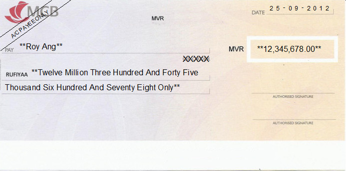Printed Cheque of Mauritius Commercial Bank - MCB of Maldives Printed Cheque of Mauritius Commercial Bank - MCB of Maldives