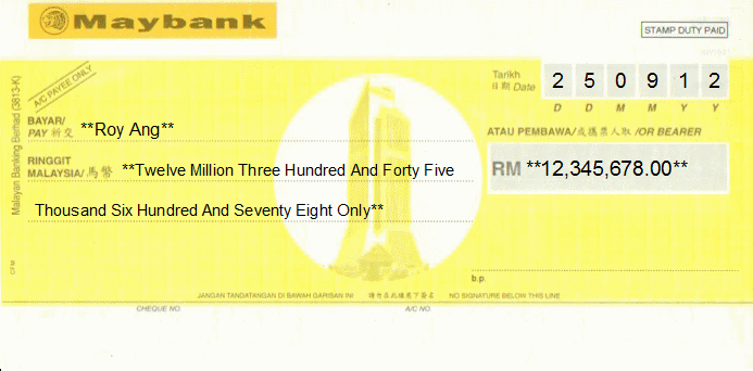 Printed Cheque of Maybank in Malaysia