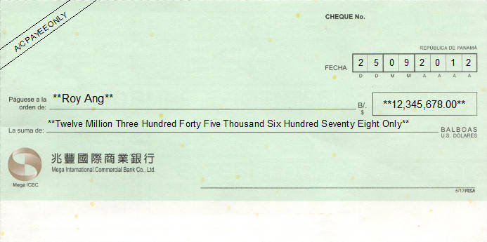 Printed Cheque of Mega International Commercial Bank (Mega ICBC - 兆豐國際商業銀行) in Panama Printed Cheque of Mega International Commercial Bank (Mega ICBC - 兆豐國際商業銀行) in Panama