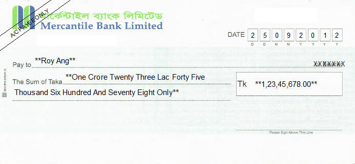 Printed Cheque of Mercantile Bank in Bangladesh Printed Cheque of Mercantile Bank in Bangladesh