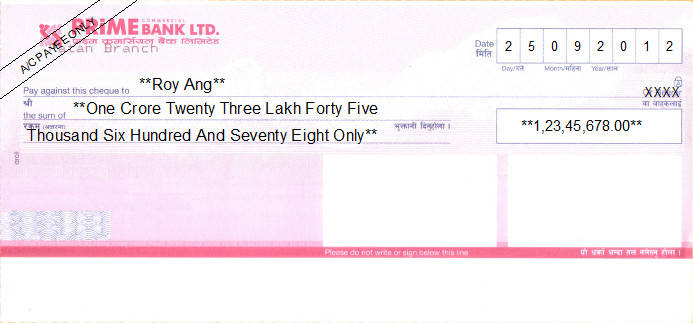 Printed Cheque of Prime Bank in Nepal