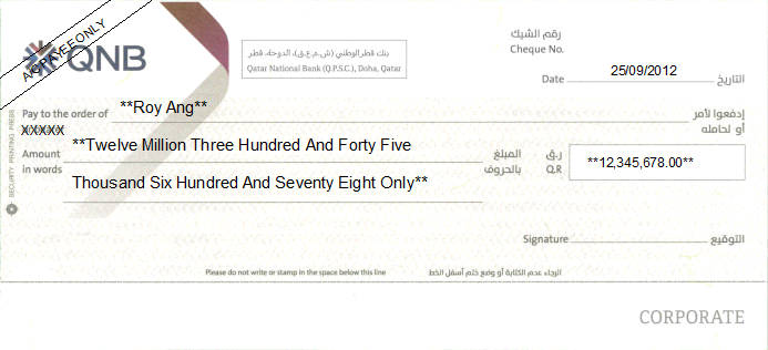 Printed Cheque of Qatar National Bank (QNB) Printed Cheque of Qatar National Bank (QNB)