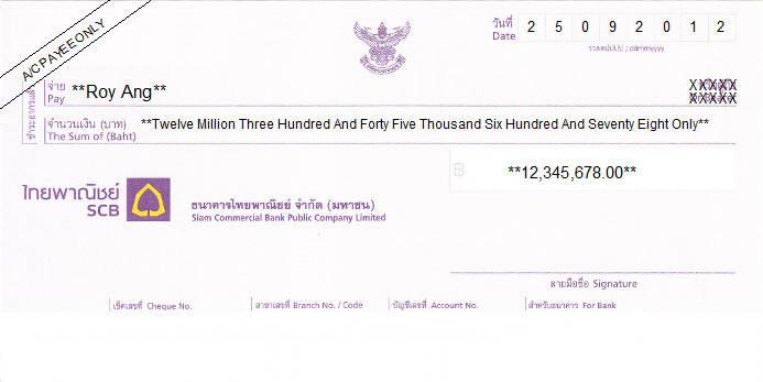 Printed Cheque of Siam Commercial Bank (SCB) in Thailand Printed Cheque of Siam Commercial Bank (SCB) in Thailand