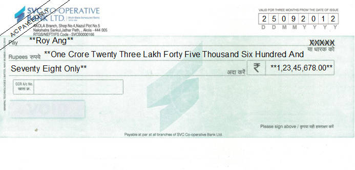 Printed Cheque of SVC Co-operative Bank in India Printed Cheque of SVC Co-operative Bank in India
