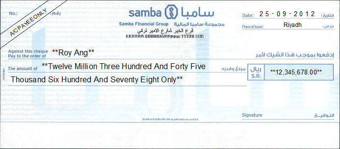 Printed Cheque of Samba Financial Group Saudi Arabia Printed Cheque of Samba Financial Group Saudi Arabia