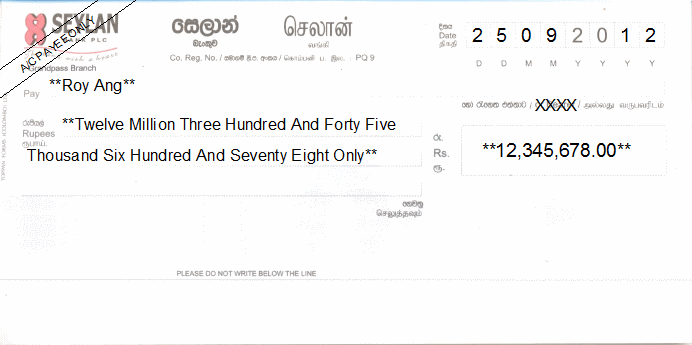 Printed Cheque of Seylan Bank in Sri Lanka Printed Cheque of Seylan Bank in Sri Lanka