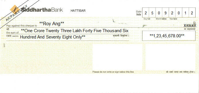 Printed Cheque of Siddhartha Bank in Nepal