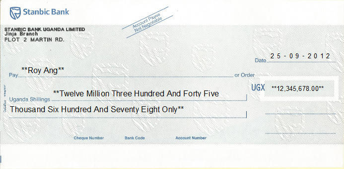 Printed Cheque of Stanbic Bank (UGX) in Uganda Printed Cheque of Stanbic Bank (UGX) in Uganda