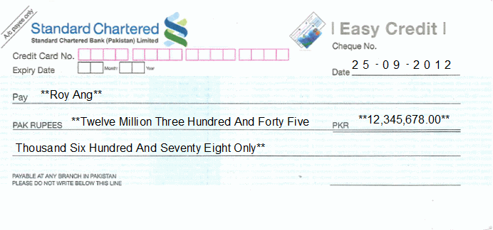 Printed Cheque of Standard Chartered Bank (Easy Credit) Pakistan Printed Cheque of Standard Chartered Bank (Easy Credit) Pakistan