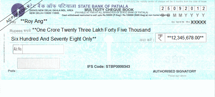 Printed Cheque of State Bank of Patiala India Printed Cheque of State Bank of Patiala India