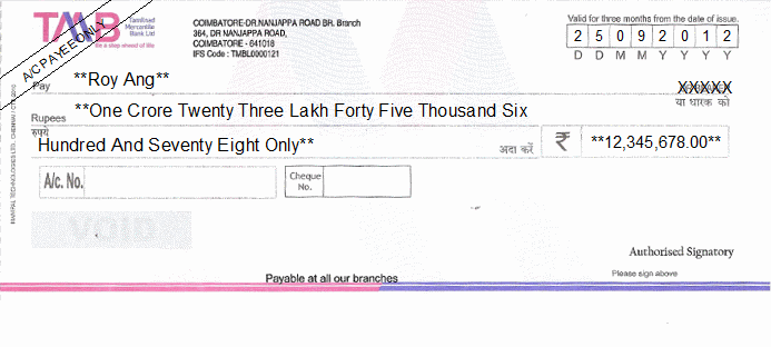 Printed Cheque of Tamilnad Mercantile Bank India Printed Cheque of Tamilnad Mercantile Bank India