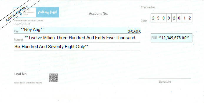 Printed Cheque of Telenor Microfinance Bank in Pakistan Printed Cheque of Telenor Microfinance Bank in Pakistan