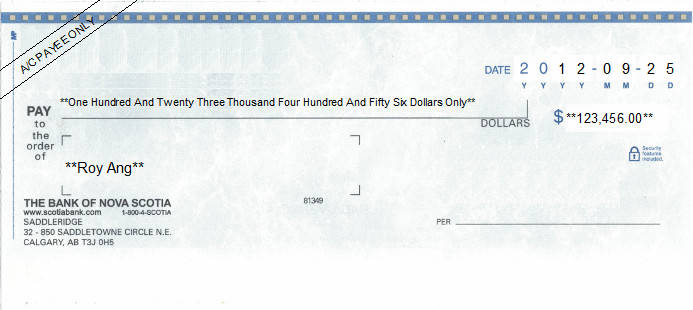 Printed Cheque of The Bank of Nova Scotia in Canada Printed Cheque of The Bank of Nova Scotia in Canada