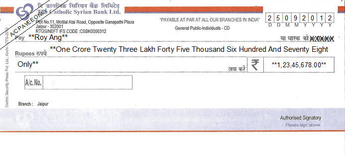 Printed Cheque of The Catholic Syrian Bank in India Printed Cheque of The Catholic Syrian Bank in India