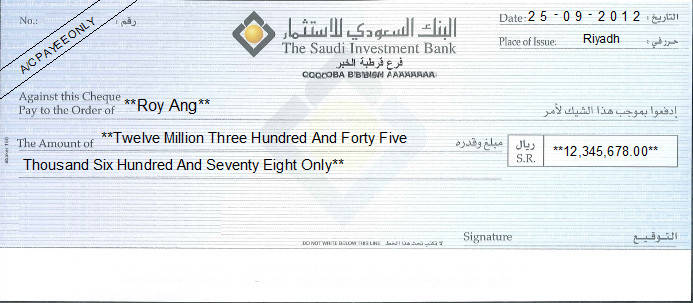 Printed Cheque of The Saudi Investment Bank Saudi Arabia Printed Cheque of The Saudi Investment Bank Saudi Arabia