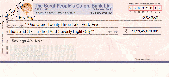 Printed Cheque of The Surat People's Co-op. Bank India Printed Cheque of The Surat People's Co-op. Bank India