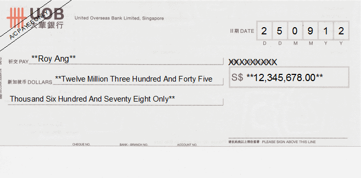 Printed Cheque of UOB Bank Singapore Printed Cheque of UOB Bank Singapore